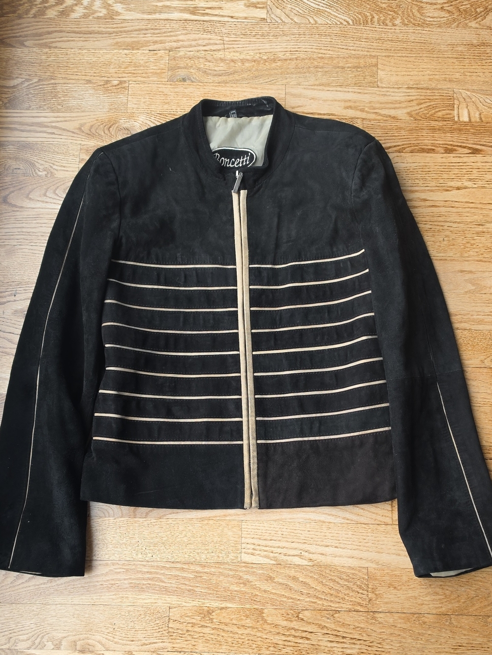 (XXL) Suede Black Jacket with Contrast Biege Piping Vintage Lambs Leather Luxury